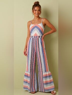 Wide Leg Flared Ruffle Striped Jumper Pastels Pink/Blue/White Smocked Back Sz M